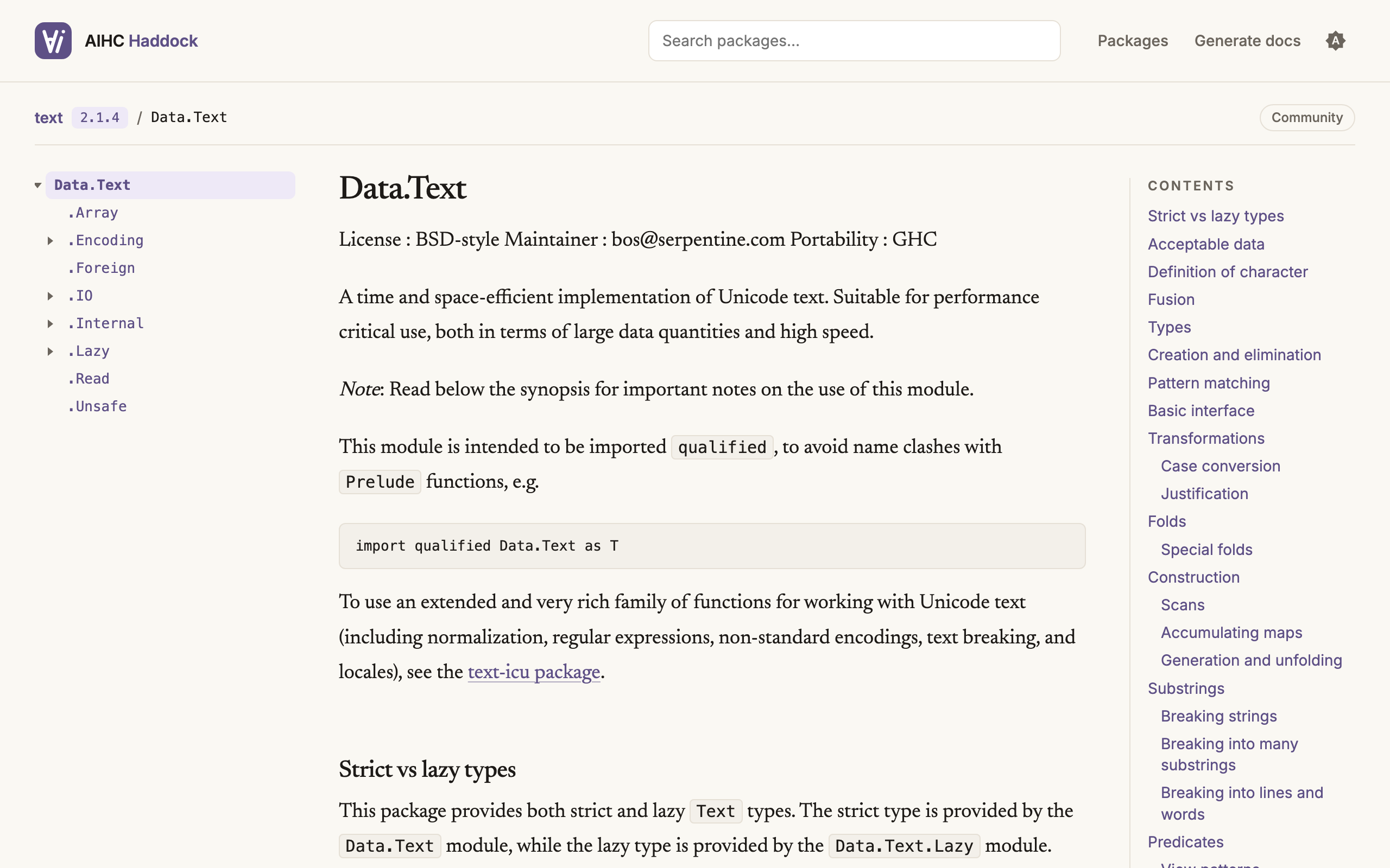 Data.Text documentation on hackage.aihc.app: a module tree on the left, the module text in the middle, a contents list on the right, and a Community badge.
