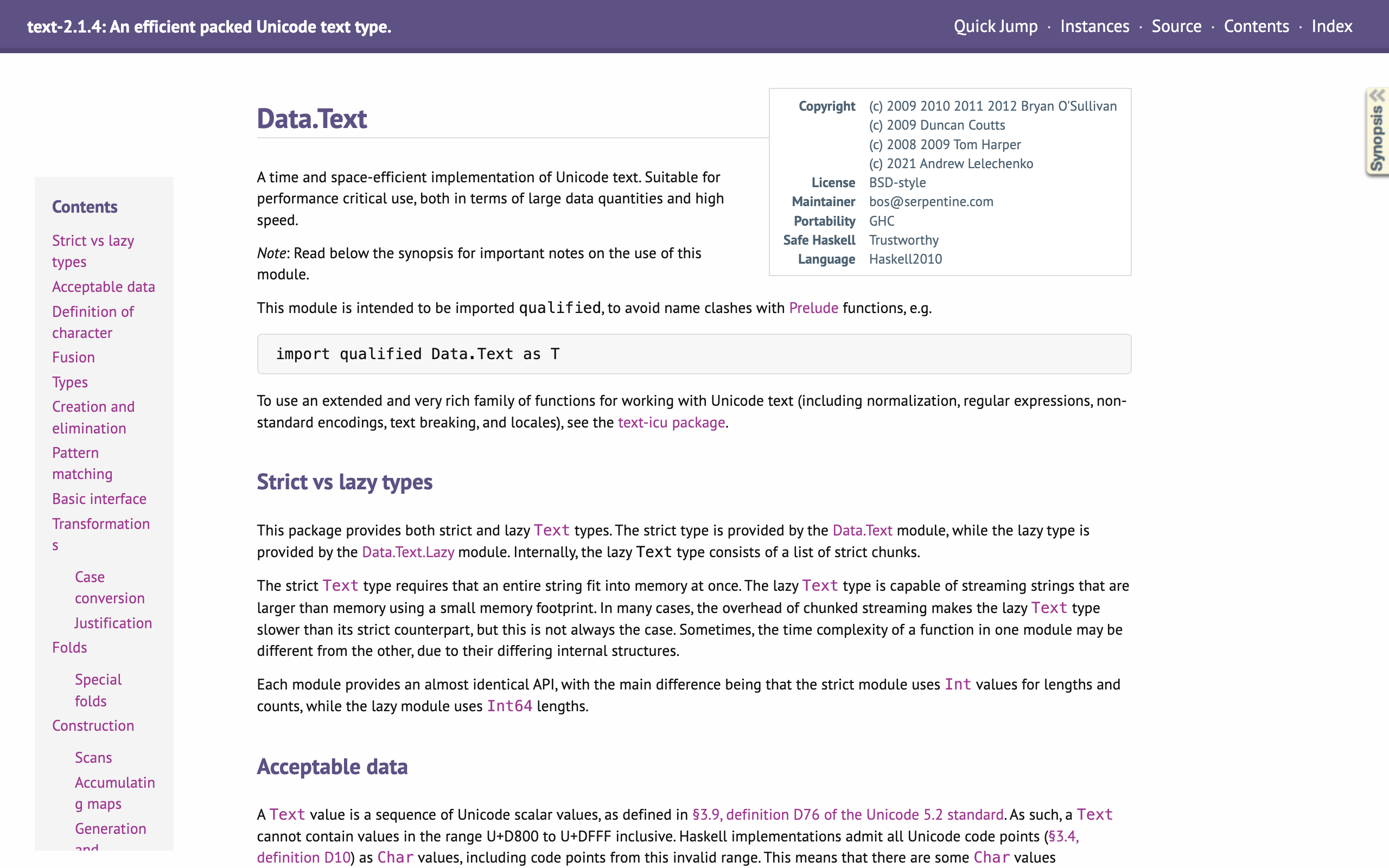 Data.Text documentation on hackage.haskell.org: a contents sidebar on the left, the module header with copyright and license fields, and the module text.