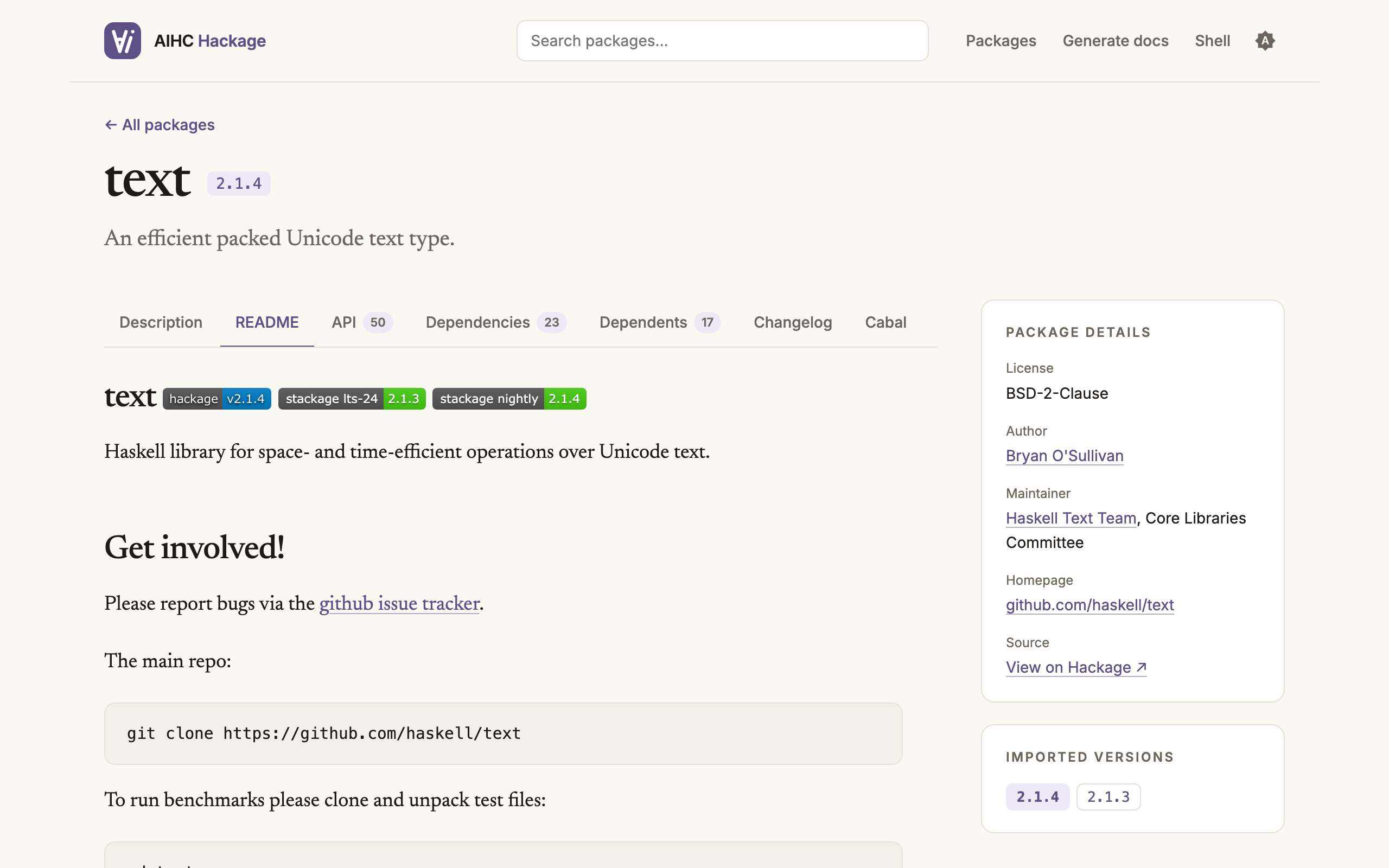 The text-2.1.4 package page on hackage.aihc.app: a package header, tabs for Description, README, API, Dependencies, Dependents, Changelog and Cabal, the rendered README, and a package details card.
