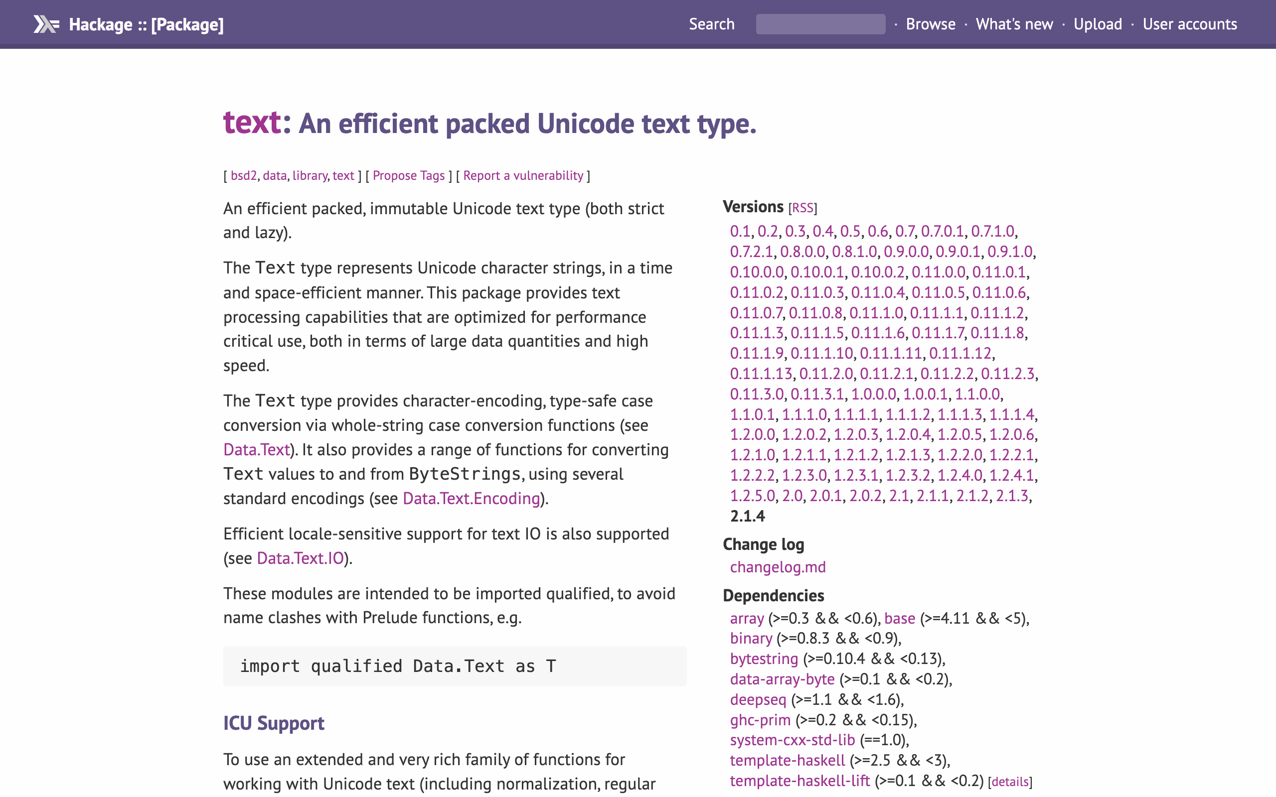 The text-2.1.4 package page on hackage.haskell.org: the package description on the left, and the version list and dependency list on the right.
